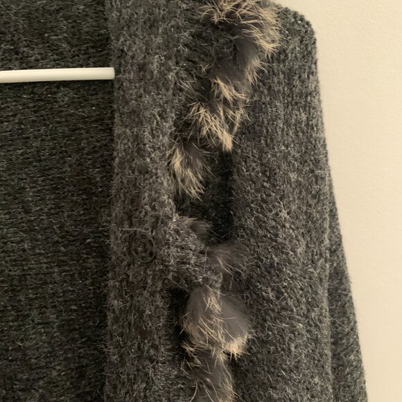 S-Twelve Dark Gray Wool Cardigan Faux Fur Ruffle Mid-Length Medium Long Sleeve - Picture 2 of 6